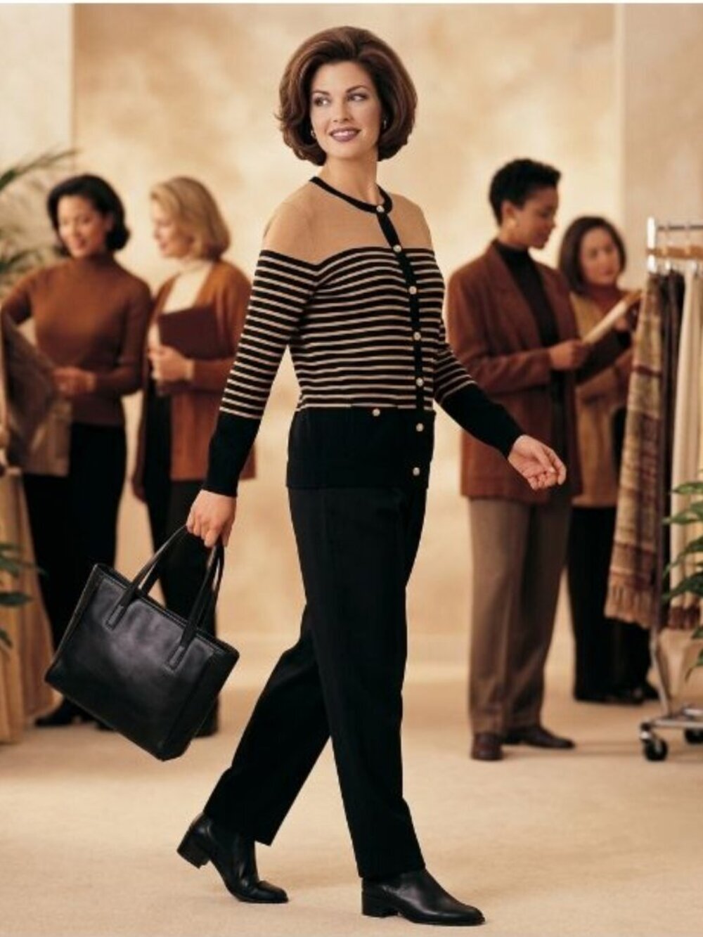 Lands End Women M Cardigan Black Tan Striped Supima Cotton Investment Quiet Lux